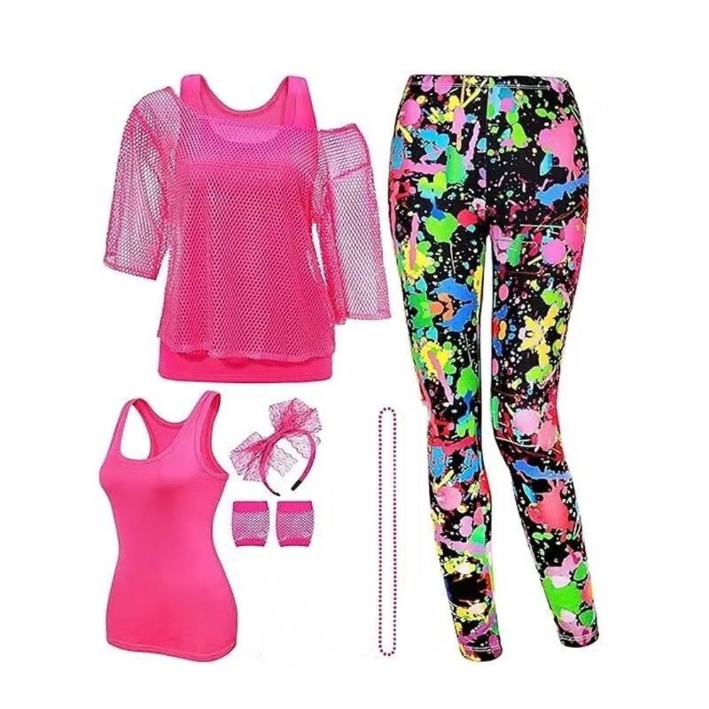 80s Halloween Costume Set Women S Bright Pink Retro Cyndi Lauper Neon B4